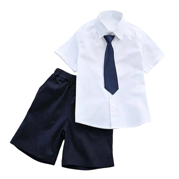 Miluxas Boys' 3-Piece formal Outfit Set, Button-Down Shirt, Matching Neck Tie & Solid Chino Shorts, Wrinkle-Resistant Set for Graduations, Parties & Special Occasions Navy 9 Years