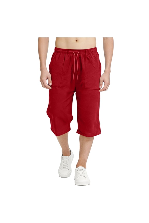 Boys Capri Pants Summer Baggy Casual Beach Capris Lightweight Solid Drawstring Elastic Waist Yoga Trousers Red 12-13Years