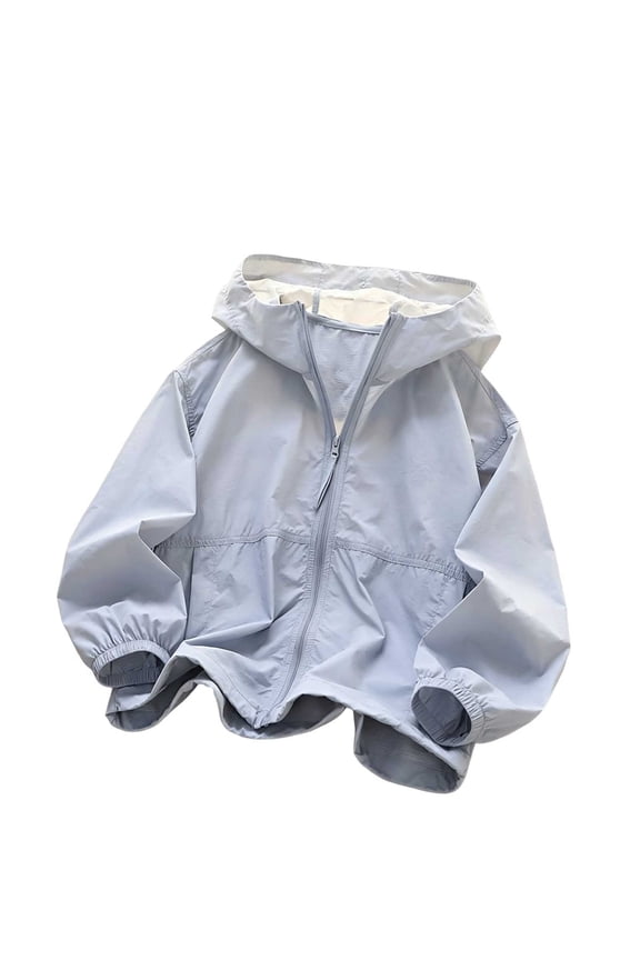 Boys Girls Casual Loose Fit Hooded Thin Windbreaker, Solid Color Zip Up Light Jacket, Soft Airy Outer Layer Coats Light Blue 5-6 Years