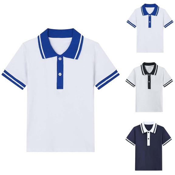 Miluxas Boys Girls Shirts Short Sleeve Kids Summer Casual Uniform T-Shirts Cotton Soft Color Block Tops White 14-15 Years