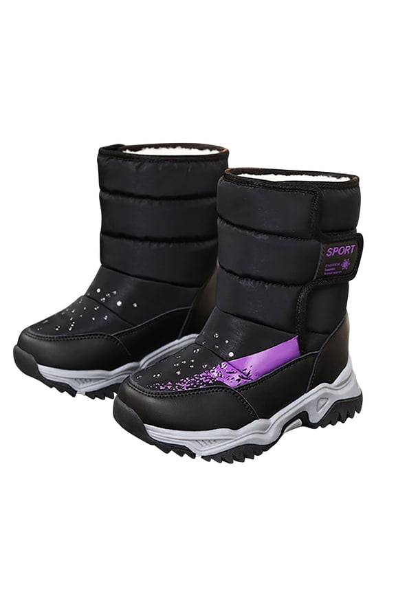 Boys Girls Snow Boots Waterproof Hook and Loop Mid Calf Faux Lining Winter Shoes for Little/Big Kids Black 3(38)