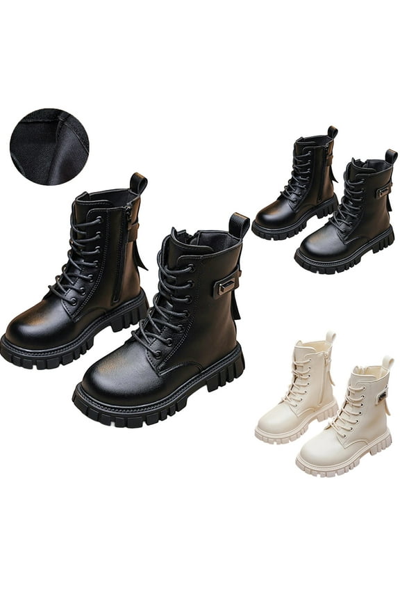 Boys Girls Waterproof Lace up Side Zipper Pure Color Mid Calf Combat Boots(Toddler/Little Kid/Big Kid) Black 2.5(37)