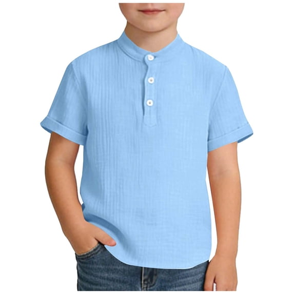 Miluxas Boys Henley Shirt Button Down Shirt Long Sleeve T Shirt Beach Shirt Tee Casual Solid Tops Light Blue 5-6 Years