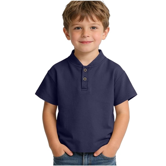 Miluxas Boys Henley Short Sleeve Shirts Kids Cotton Casual T-Shirt Button Front Solid Tops Tees Summer Clothes Navy 4-5 Years