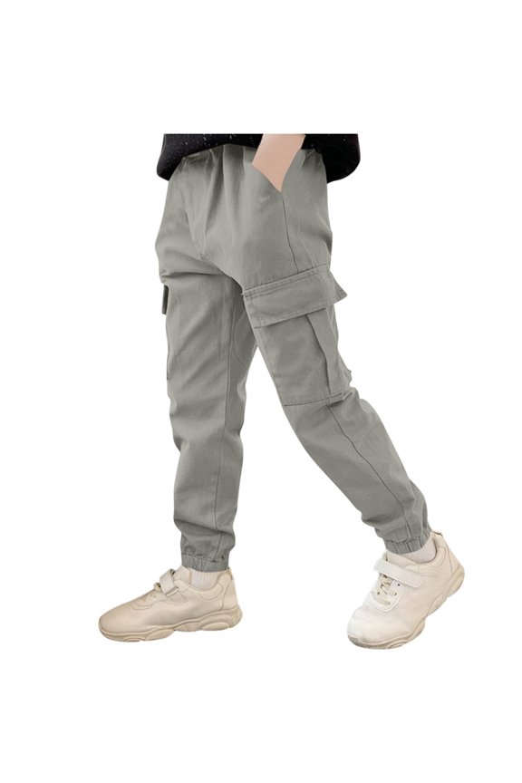 Boys Kids Casual Cargo Pants Hiking Pants Solid Color Cotton Loose Fit Sweatpants Trousers for Sports Wear Gray 7 Years