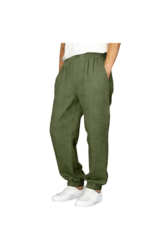 Boys Linen Pants Summer Lightweight Yoga Beach Pants Comfy Loose Casual Elastic Waist Baggy Trousers with Pockets Army Green 9-10 Years