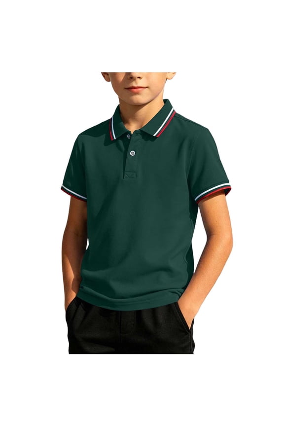 Boys' Short Sleeve Shirt with Tipped Collar & Cuffs, Classic Uniform Top, Breathable Casual Shirts for Kids Green M