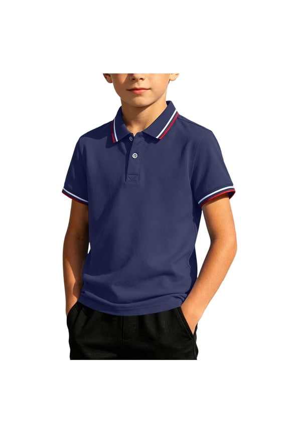 Boys' Short Sleeve Shirt with Tipped Collar & Cuffs, Classic Uniform Top, Breathable Casual Shirts for Kids Navy L