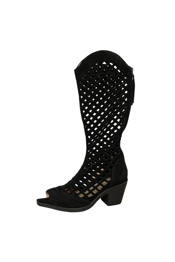 Breathable Mesh Hollow Open Toe Tall Western Boots for Ladies, V-Cut Shaft Chunky Heel Leather Knee Boots, Light Footwear Black 7.5(40)