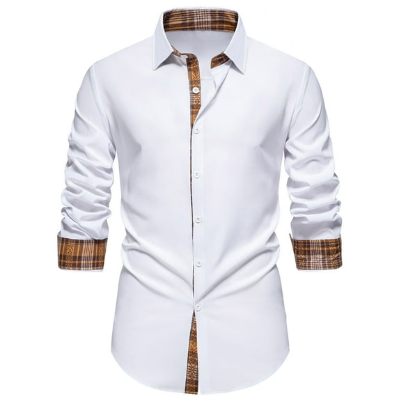 Miluxas Business Long Sleeve Shirts for Men Turn Down Collar Blouse Patchwork Casual Shirt Loose Fit Tshit with Pocket White