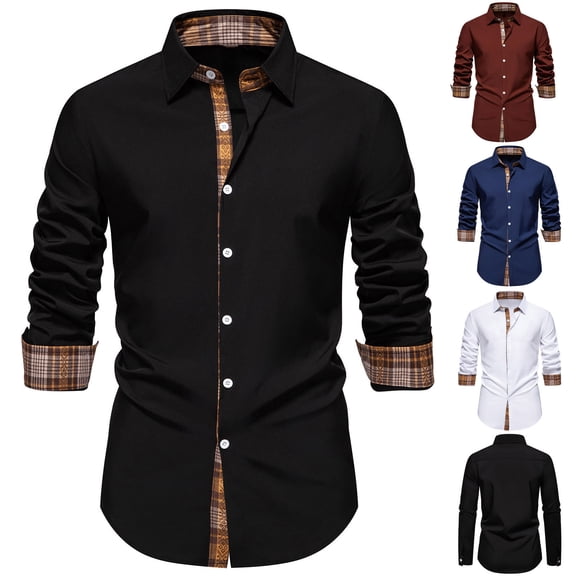Miluxas Business Long Sleeve Shirts for Men Turn Down Collar Blouse Patchwork Casual Shirt Loose Fit Tshit with Pocket White