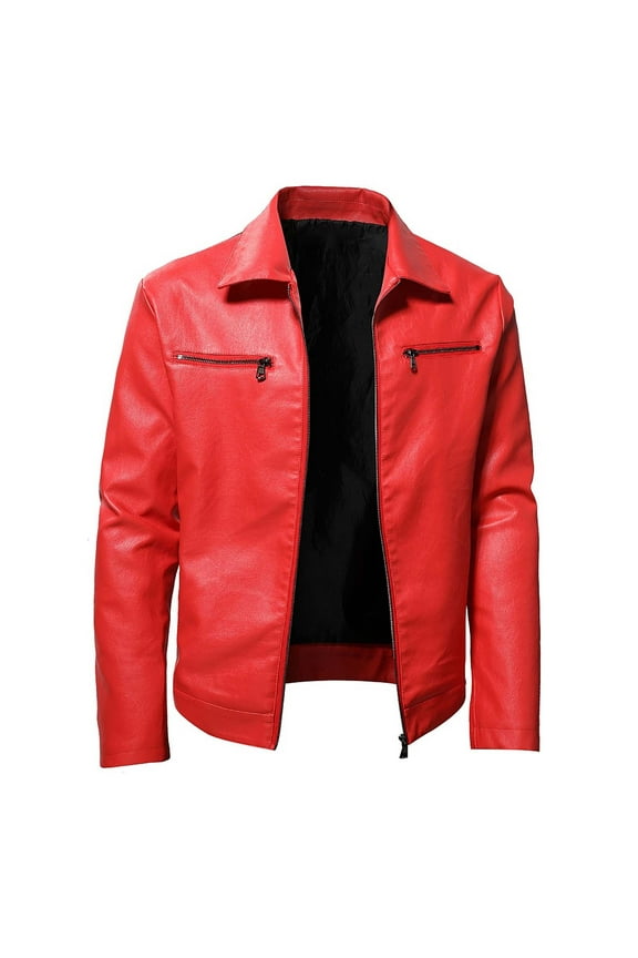 CREW Mens Faux Leather Bomber Jacket Classic Style Motorcycle Jackets Red