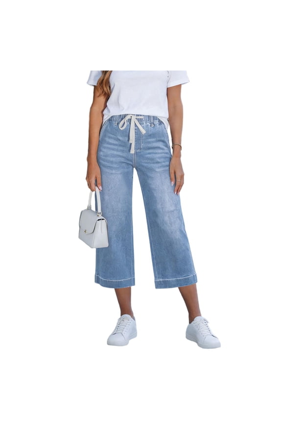 Capri Jeans for Women High Waisted Drawstring Denim Capri Trendy Loose Cropped Denim Jeans Pants with Pockets Light Blue