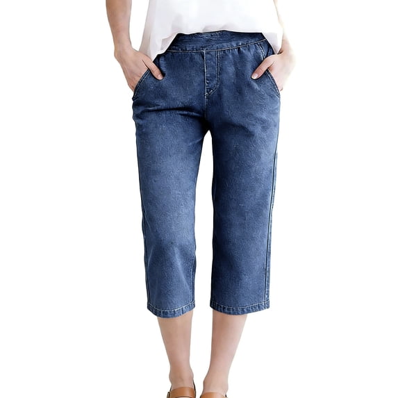Miluxas Capri Jeans for Women Trendy Elastic High Rise Relaxed Fit Denim Capris Pants with Pockets Solid Business Casual Capris Blue