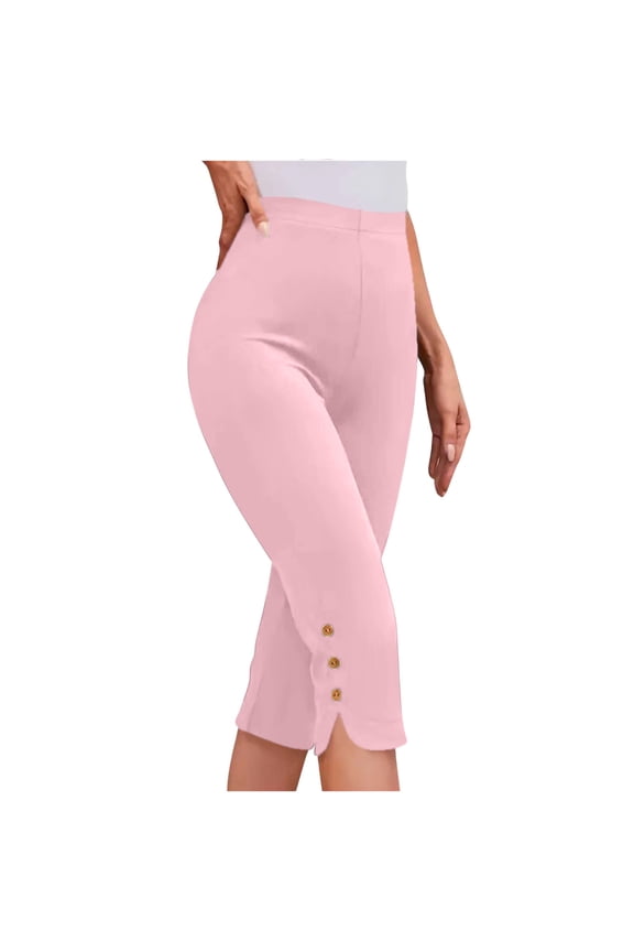 Capri Pants for Women Casual Summer Dressy Pull On Stretch High Waisted Buttons Slit Bottom Crop Work Leggings Pink XXL(XXL)