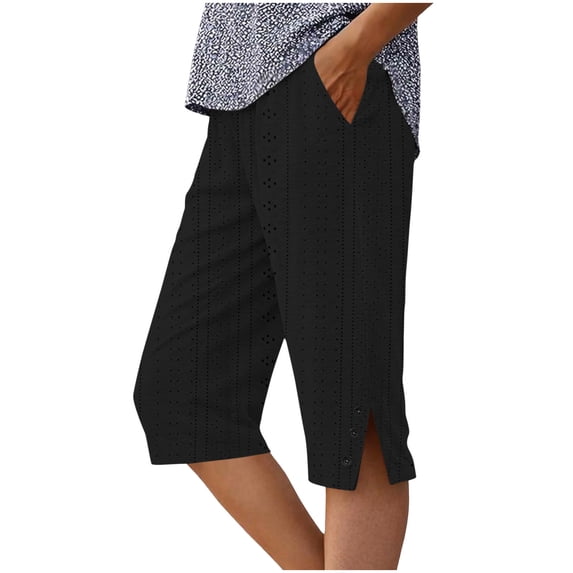 Miluxas Capri Pants for Women High Waist Wide Leg Eyelet Capris with Pockets Stretchy Loose Fit Casual Lounge Workout Black XL(XL)
