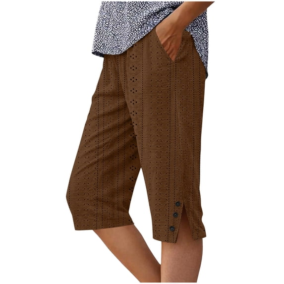 Miluxas Capri Pants for Women High Waist Wide Leg Eyelet Capris with Pockets Stretchy Loose Fit Casual Lounge Workout Coffee L(L)