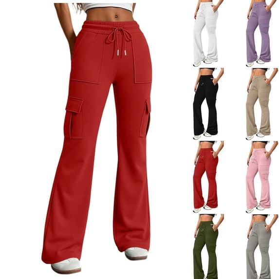 Miluxas Cargo Flare Swatpants for Women Elastic Drawstring High Waist Bootcut Pants with Multi Pockets Casual Workout Joggers for Streetwear White