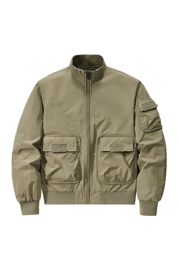 Cargo Jackets for Men Multi-Pocket Hiking Coats with Hood Zip Up Long Sleeve Army Safari Bomber Jackets Khaki