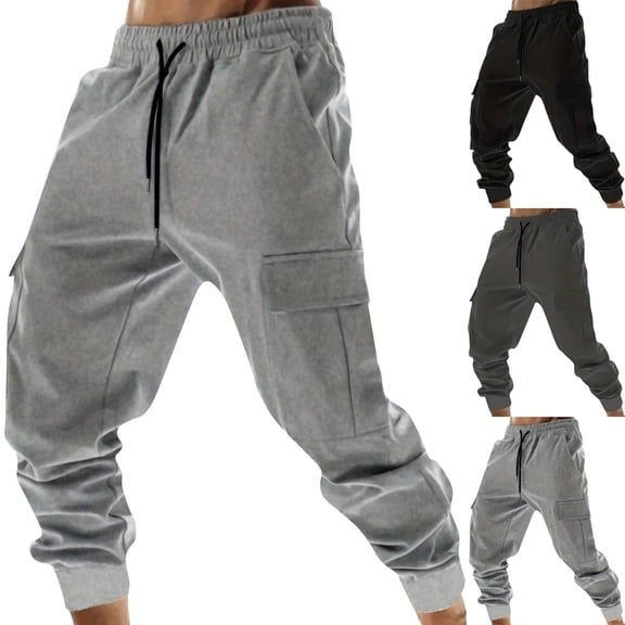 Miluxas Cargo Sweatpants for Men Fleece Pants Pockets Elastic Waist Drawstring Sweat Pants Solid Athletic Joggers Trouser Gray