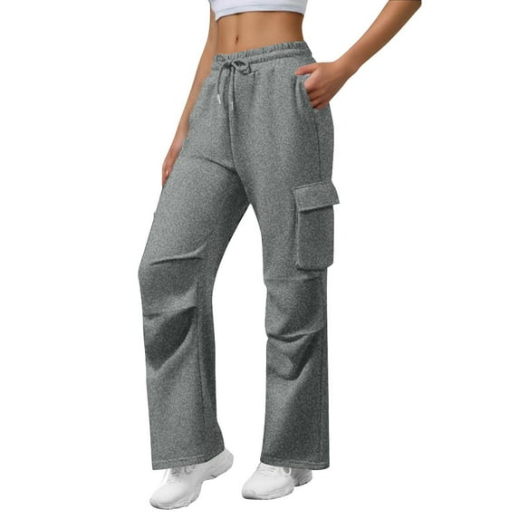 Miluxas Cargo Sweatpants for Women Wide Leg Baggy Elastic Drawstring Pants Solid Casual Athletic Joggers with Pockets Dark Gray