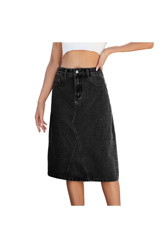 Casual Denim Skirt for Women Women's High Waist Split Back Pockets Midi Jean Skirts Black M(M)