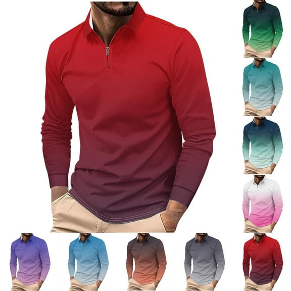 Miluxas Casual Long Sleeve Polo Shirts for Men Long Sleeve Zipper Golf t-Shirt Gradient Color Basic Tees Pullover Tops Sky Blue