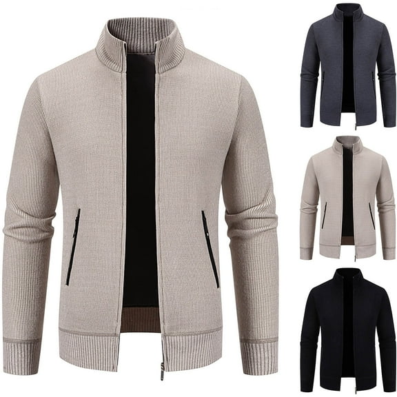 Miluxas Casual Outerwear Men's Winter Stand Collar Long Sleeve Hooded Zipper Jackets Long Sleeve Hoodless Tops Ribbed Hem Coat White