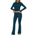 thumbnail image 1 of Miluxas Casual Workout Two Piece Outfits for Women Long Sleeve Shirts+Elastic High Waist Pants Solid Slim Sets Navy 8(L), 1 of 8