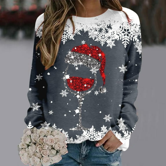 Miluxas Christmas Shirts for Women 2024 Women's Fashion Casual Printed Round Neck Long Sleeve Pullover Top Sweatshirts Y-Gray 10(XL)
