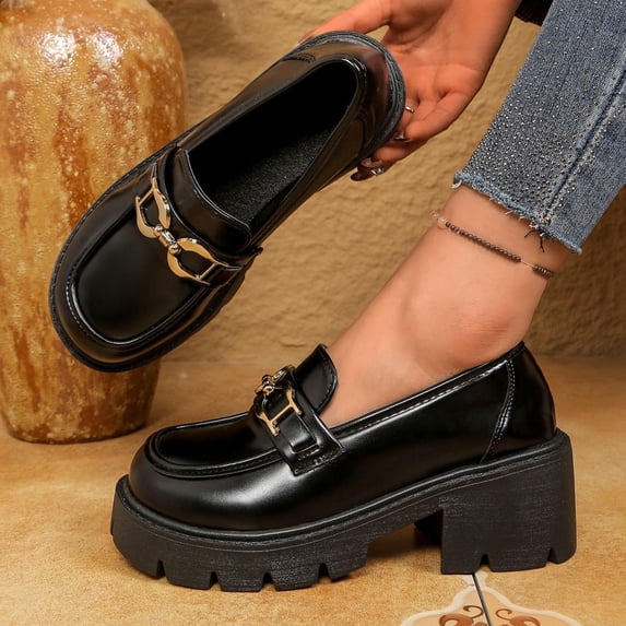 Miluxas Chunky Heel Loafers for Women with Metal Buckle Glossy Leather Comfortable Anti-Slip Lug Sole Slip On Penny Loafers Work Business Dress Shoes Black 6(37)