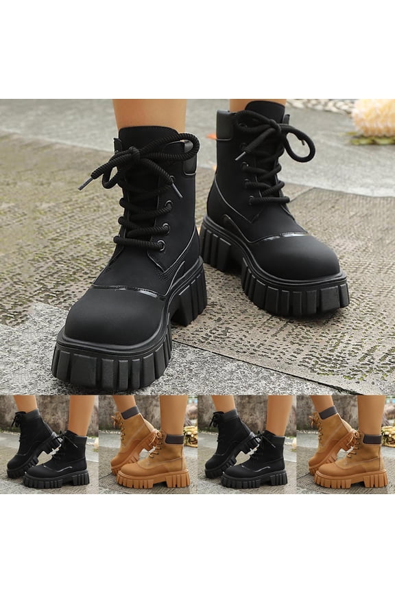 Chunky Heeled Platform Lace Up Ankle Boots Combat Motorcycle Strap Round Toe Block High Heel Booties for Women Brown 9.5(43)