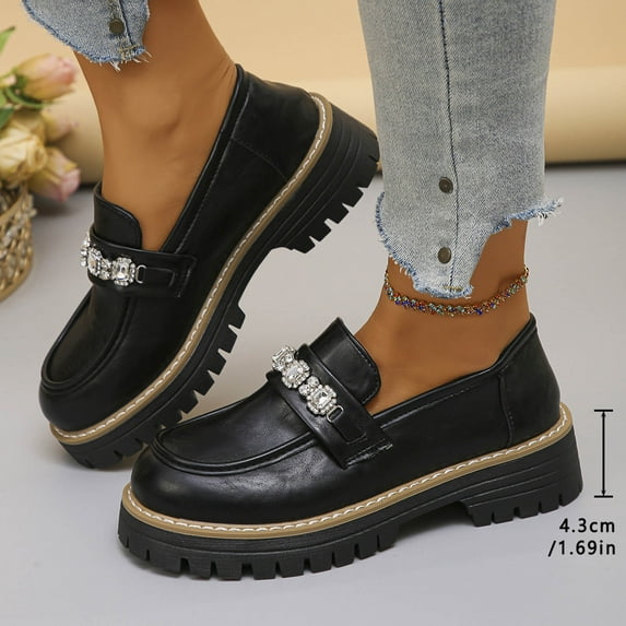 Miluxas Chunky Loafers for Women Platform Slip on Comfortable Dressy Shoes Platform Round Toe Loafers office Work Business Leather Shoes Black 9.5(43)