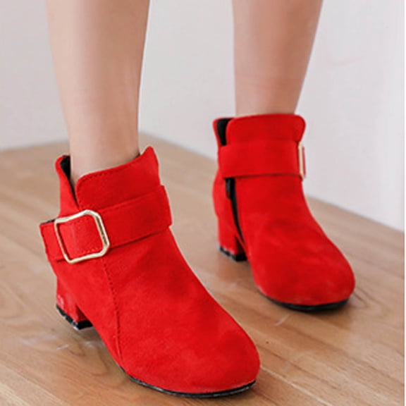 Miluxas Chunky Low Heel Ankle Booties for Girls Side Zipper Winter Warm Comfortable Dress Shoes Little Girl Leather Boots Red 5-5.5Years