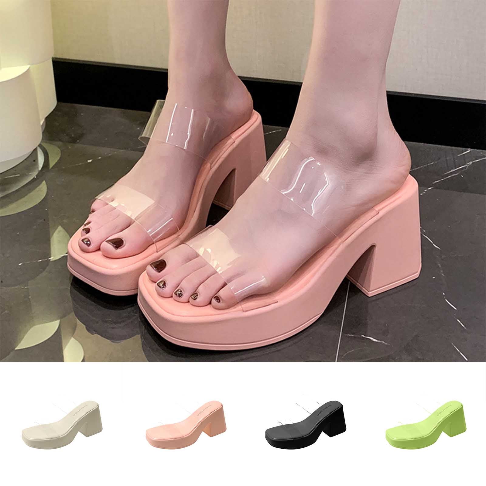 Miluxas Clear Heels for Women Clearance Transparent Two Strap Block Chunky Square Heel Sandals Open Toe Slip On Sandals White 7.5 40 Walmart