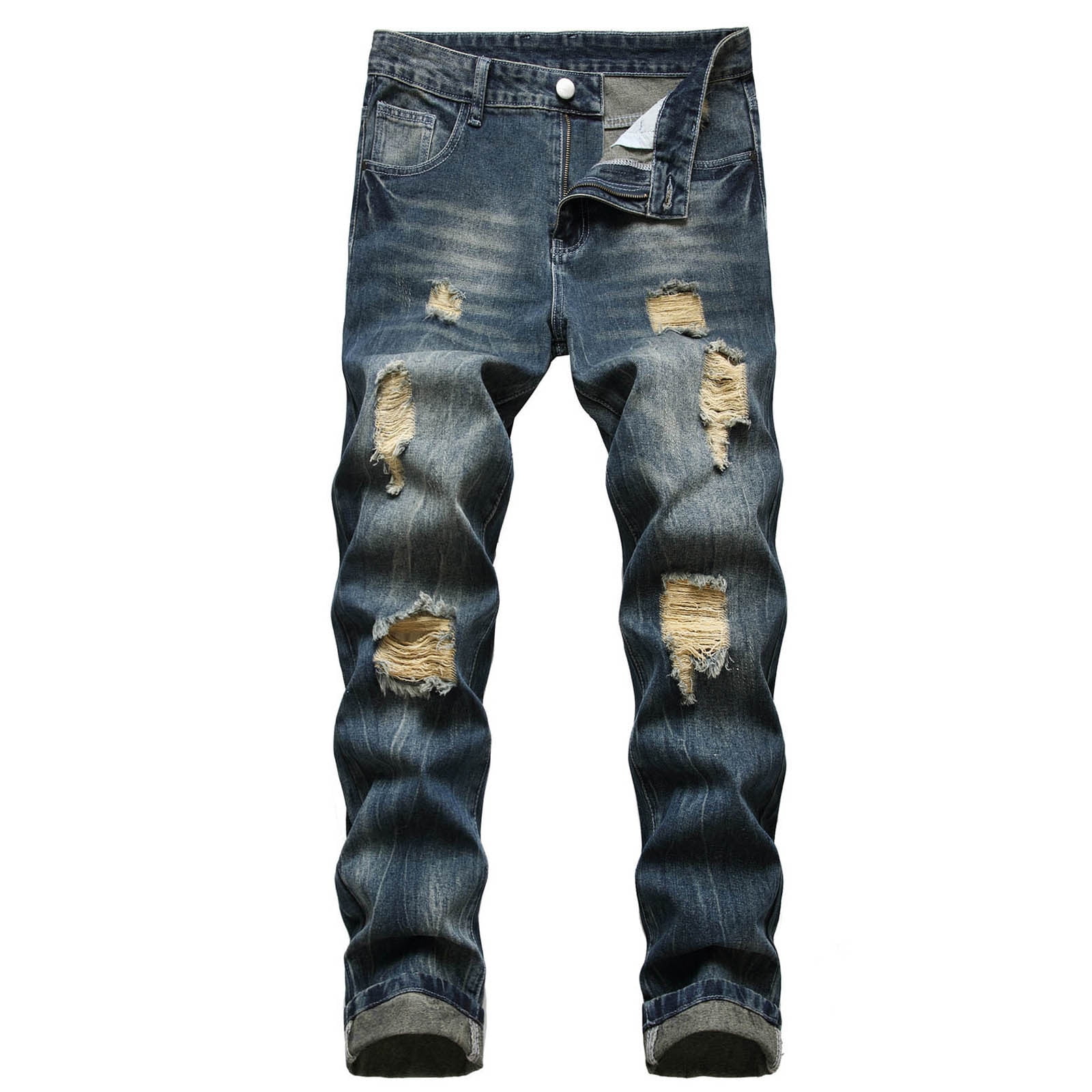 Miluxas Clearance Men's Autumn Denim Cotton Straight Ripped Hole ...
