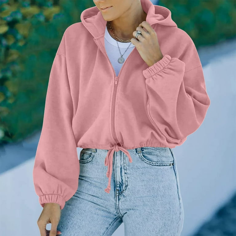 Miluxas Clearance Plus Size Fashion Women Crop Top Sweatshirt Fleece Zipper  Long Sleeve Cropped Hoodie Solid Sweater Blouse Coat Pink 12(XXL) 