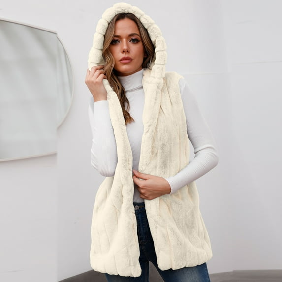 Miluxas Plus Size Women Winter Warm Coats Faux Coat Warm Furry Faux Jacket Sleeveless Outerwear Vest Waistcoat White 10(XL)