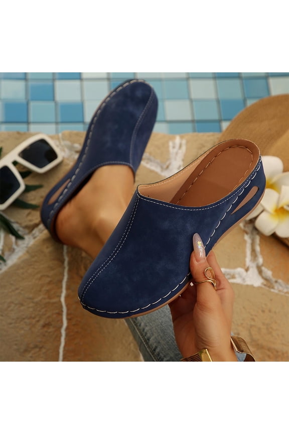 Clogs for Women's Leather Mules Comfortable Non Slip Wedge Slip-On Closed Toe Sandals Summer Casual Walking Platform Slides Navy 9(42)