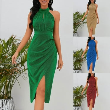 Miluxas Cocktail Slit Neck Dress Clearance Bodycon Women Dresses Sleeveless Ruffled formal Wedding Guest Evening Prom Gowns Red 10(XL)
