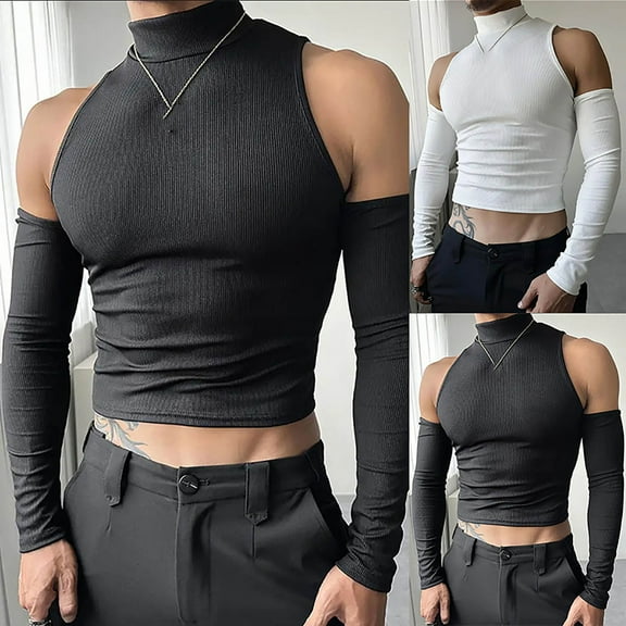 Miluxas Cold Shoulder Tops for Men Slim Fit Long Sleeve T-Shirt Casual Skinny Pullover Solid Crop Tops Fitness Sports Tee White