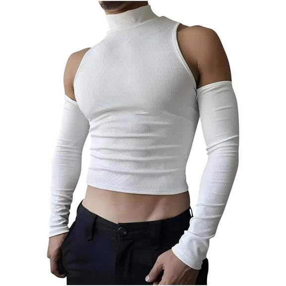 Miluxas Cold Shoulder Tops for Men Slim Fit Long Sleeve T-Shirt Casual Skinny Pullover Solid Crop Tops Fitness Sports Tee White