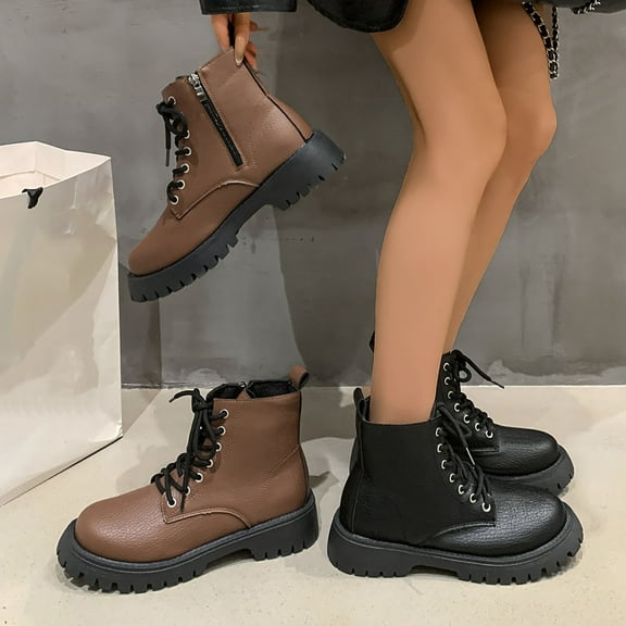 Miluxas Combat Ankle Boots Women Lace up Fall Winter Boots for Women Flat Causal Lug Sole Side Zipper Leather Short Booties Brown 9.5(43)