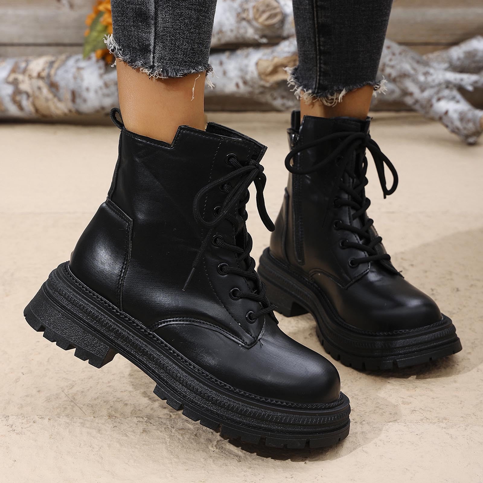 Miluxas Combat Ankle Boots Womens Chunky Low Block Heel Dress Booties ...