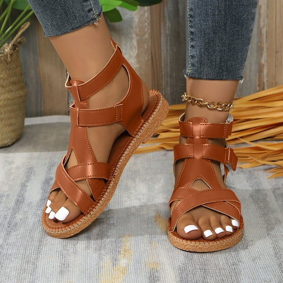 Miluxas Comfortable Sandals for Women Wide Width Ladies Fashion Summer Solid Color Leather Cover Flat Sandals Coffee 8.5(41)