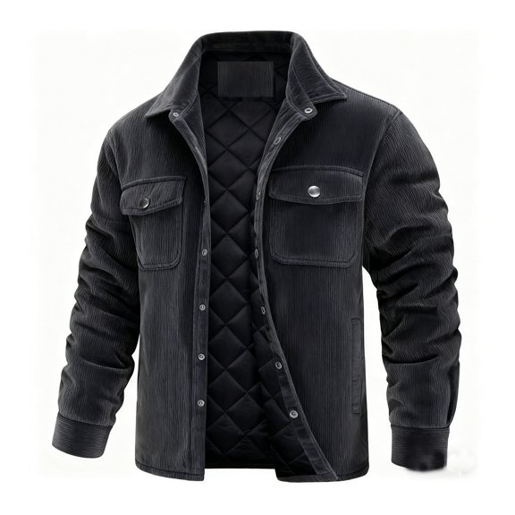 Miluxas Corduroy Jacket for Men Heavyweight Padded Quilted Lined Jacket Snap Button Lapel Thick Coat Winter thermal Outerwear Dark Gray L(L)
