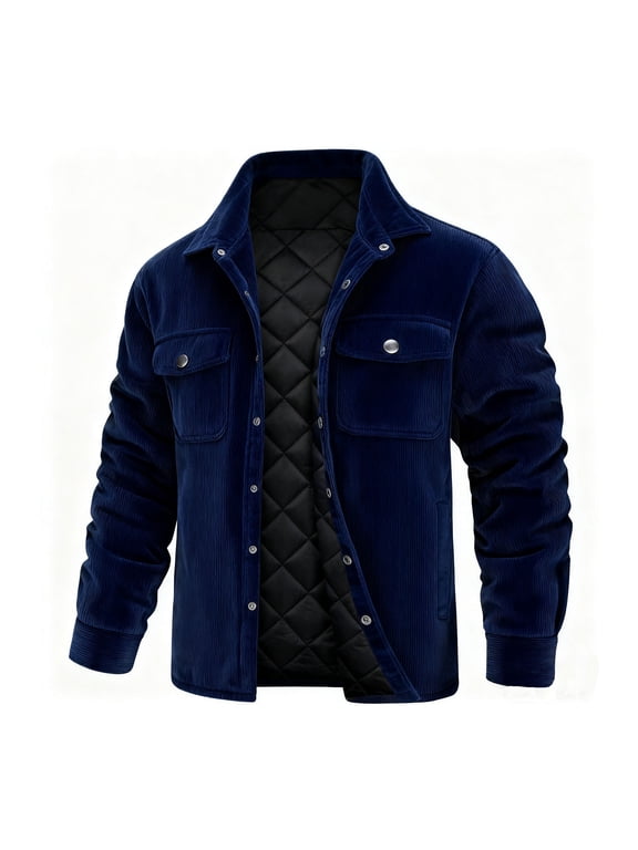 Corduroy Jacket for Men Heavyweight Padded Quilted Lined Jacket Snap Button Lapel Thick Coat Winter thermal Outerwear Navy XXL(XXL)