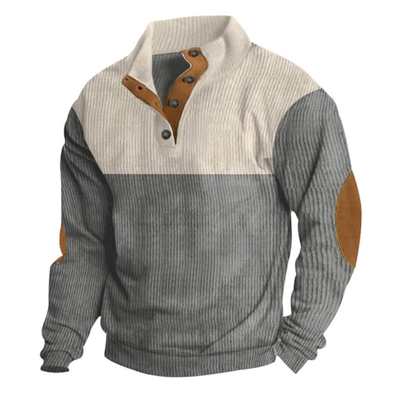 Miluxas Corduroy Sweatshirt for Men Casual Patchwork Fashion Long Sleeve Stand Collar Button Tops Polo Collared Sweaters Gray