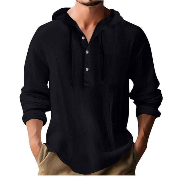 Miluxas Cotton Linen Hoodie Men Lightweight Long Sleeve Button Down Shirts with Hood Summer Trendy Plain Drawstring Hooded Shirts Black XXXL(XXXL)