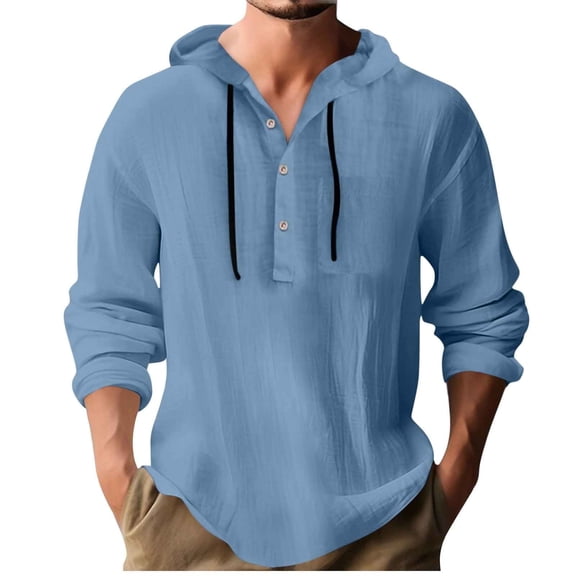 Miluxas Cotton Linen Hoodie Men Lightweight Long Sleeve Button Down Shirts with Hood Summer Trendy Plain Drawstring Hooded Shirts Blue L(L)
